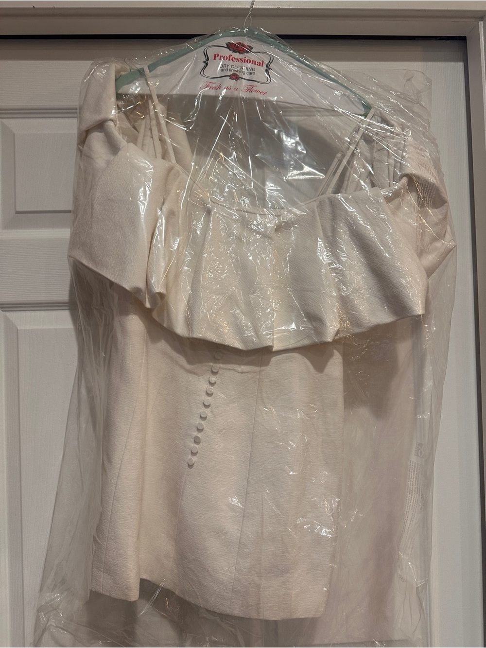 Off-White Ruffled Neck Wedding Dress with Button Front